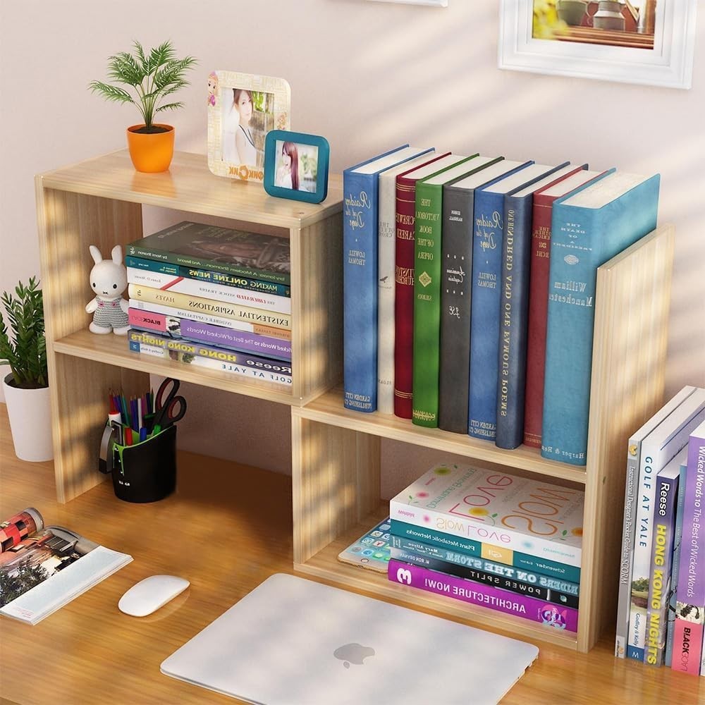 Adjustable Wooden Desk Bookshelf Organizer – Waterproof, Space Saving Shelf