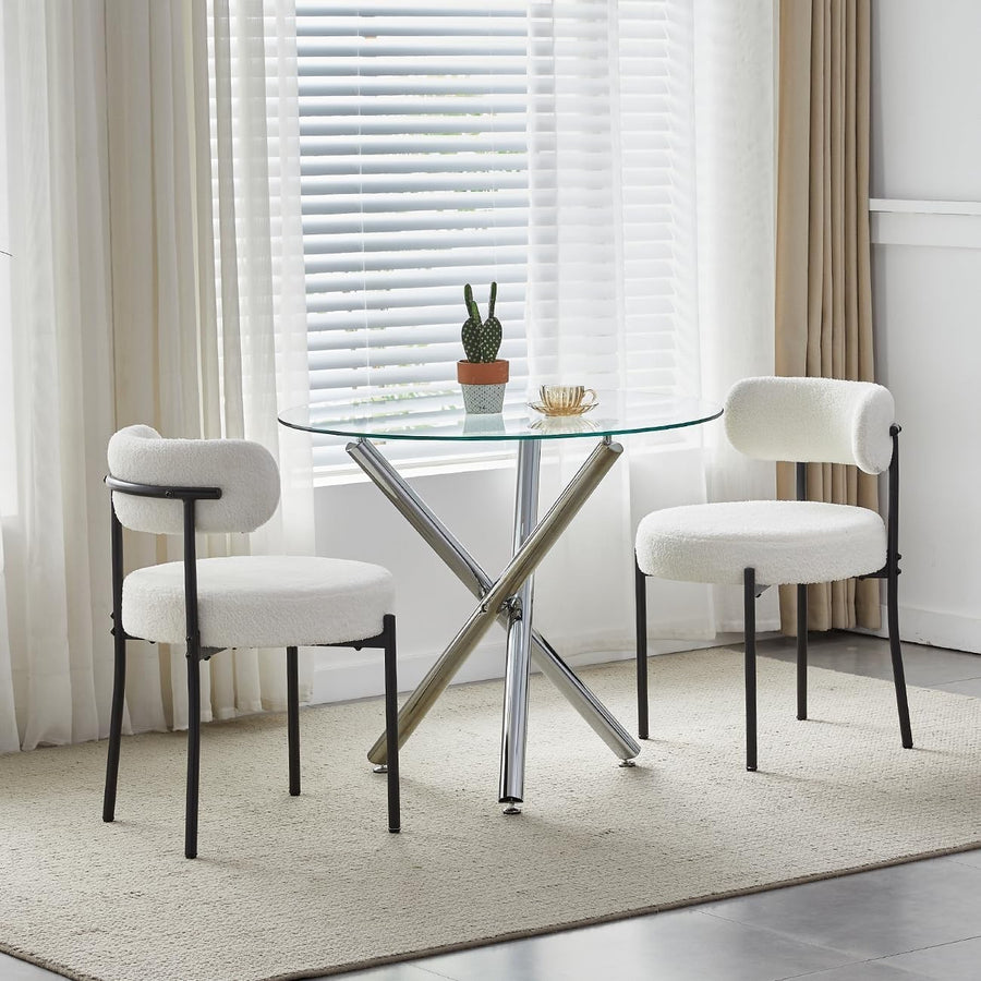 Round Glass Dining Table Set with 2 Beige Velvet Chairs – Modern Compact