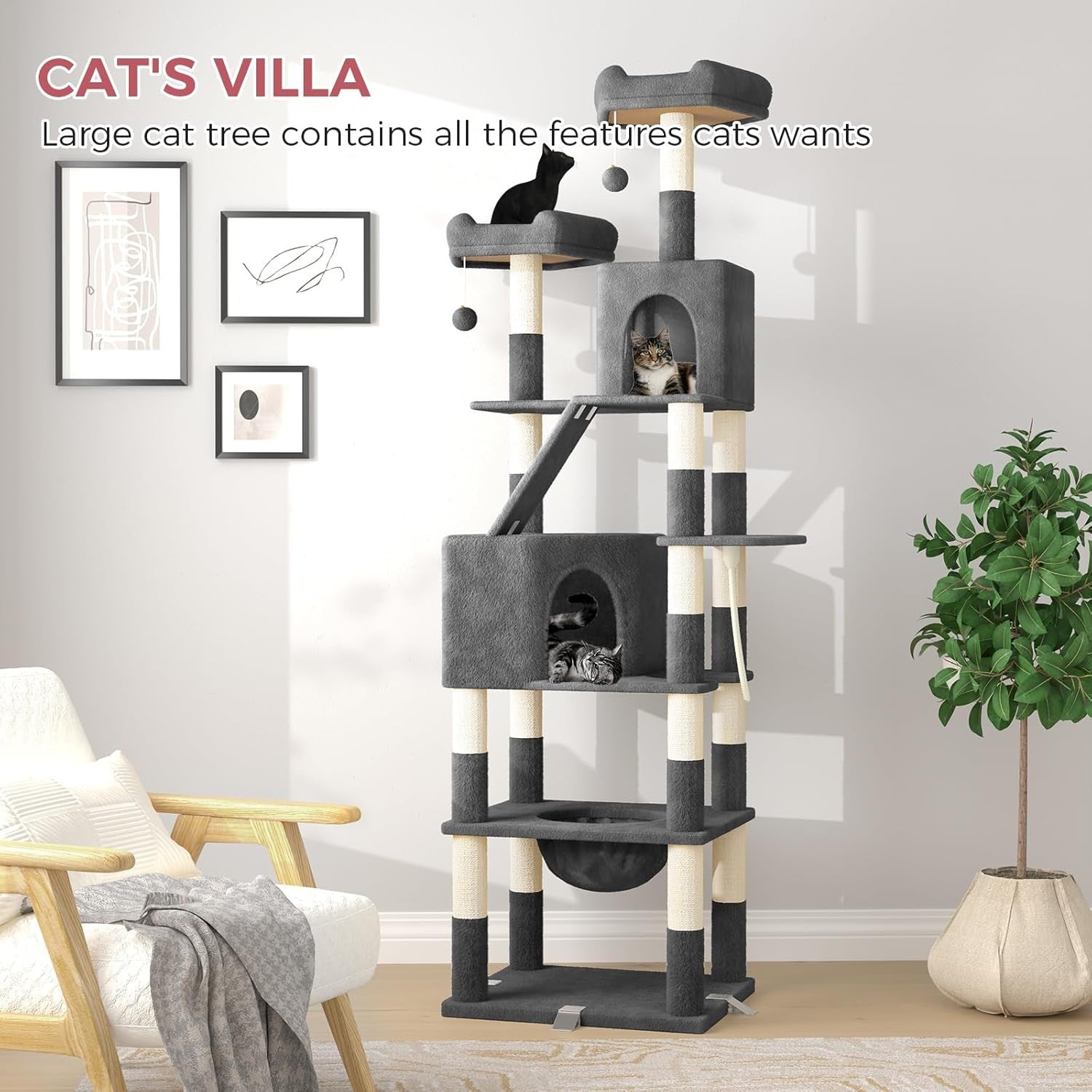 208cm Tall Cat Tree Tower Dark Grey Anti-Tip Multi-Level Condo Scratcher