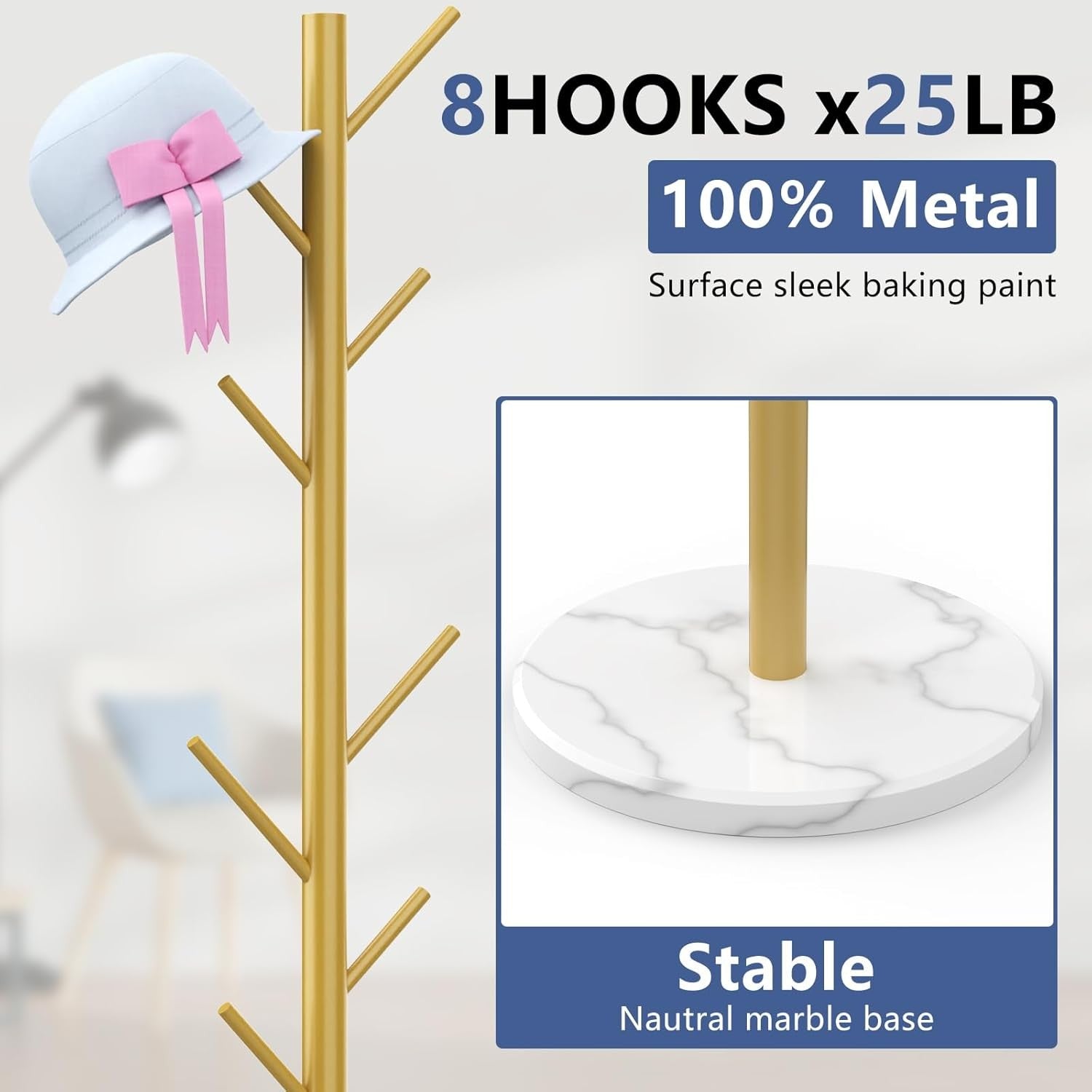 Gold Metal Coat Rack with Marble Base | 8 Hooks Freestanding Modern Hall Stand
