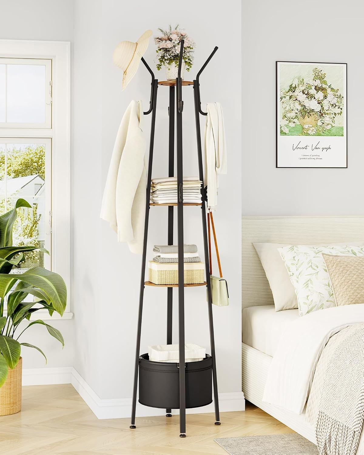 Rustic Brown Metal Coat Rack with 16 Hooks & Storage Shelves for Hallway