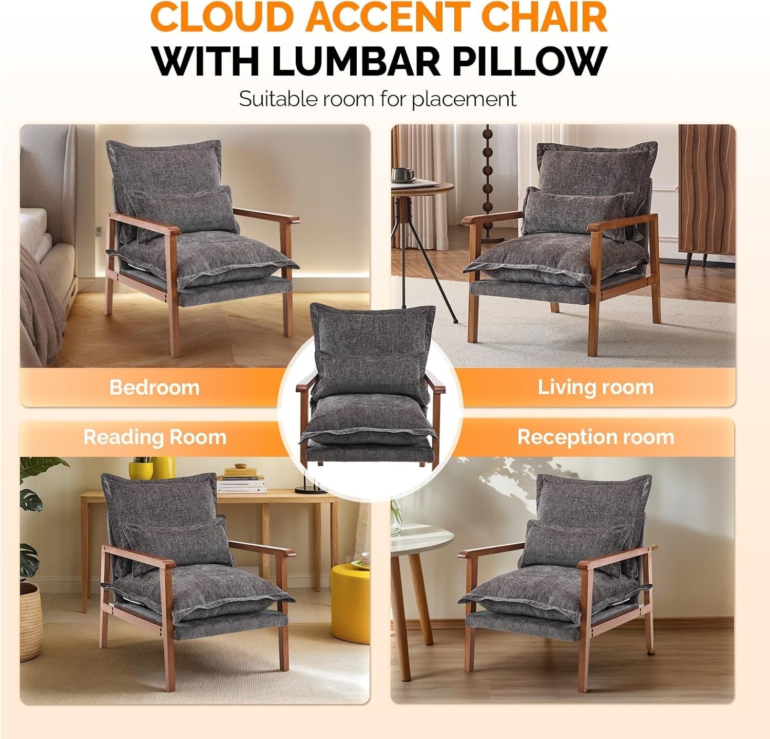Mid-Century Modern Wooden Armchair with Cushioned Seat & Lumbar Pillow Grey