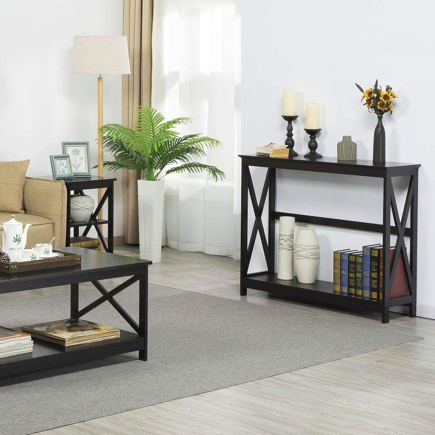2 Tier Black Console Table with Shelf for Hallway Entryway Living Room