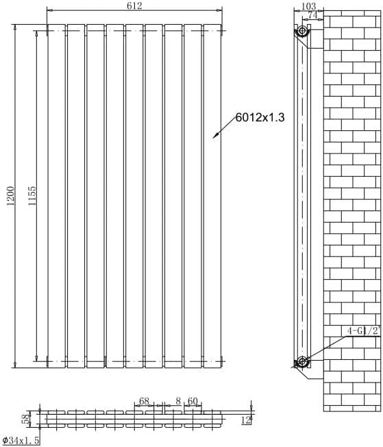 Vertical Black Flat Panel Radiator Double Column 1200x612mm High Heat Output