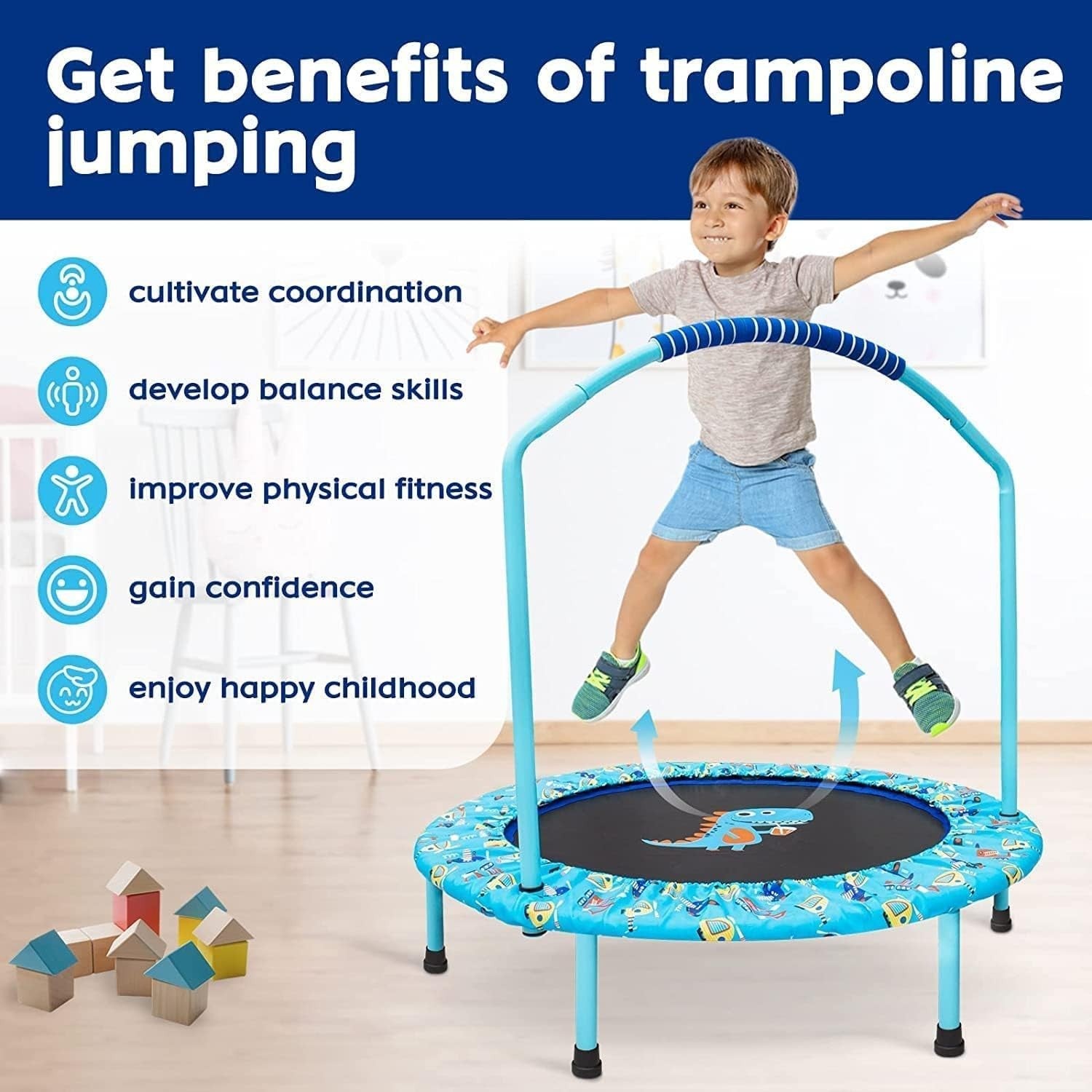 38in Kids Quiet Rebounder Trampoline Adjustable Handle Foldable