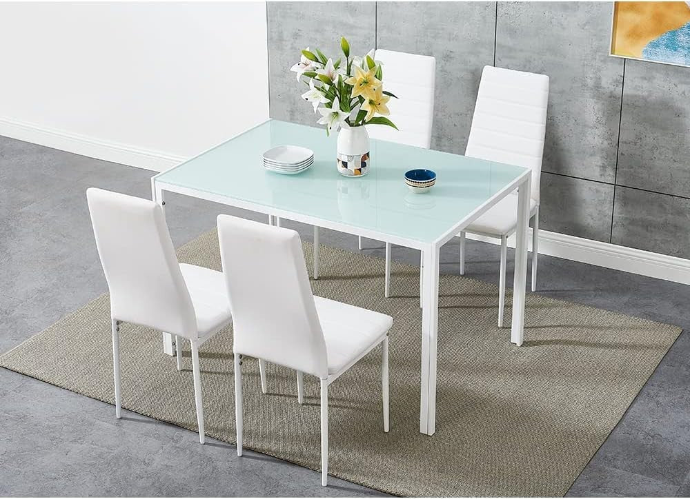 White Tempered Glass Dining Table & 4 PU Leather Chairs – Compact & Modern