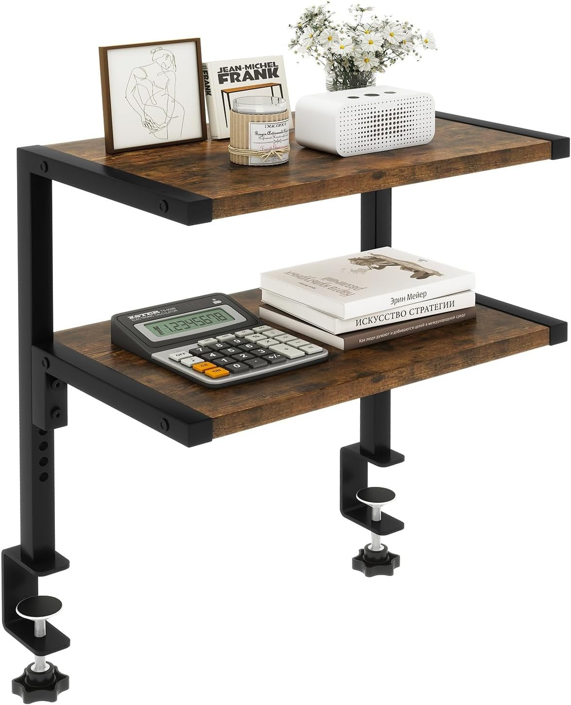 Clamp-On Desk Organizer Shelf 2-Tier Adjustable Storage Rack Rustic Brown 33cm