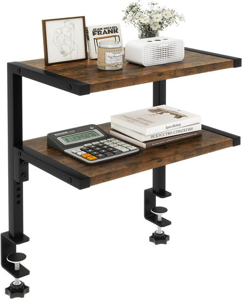 Clamp-On Desk Organizer Shelf 2-Tier Adjustable Storage Rack Rustic Brown 33cm