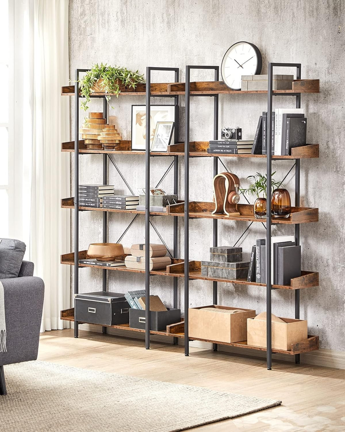 5-Tier Industrial Bookcase Shelving Unit with Tray Shelves, Rustic Brown & Black
