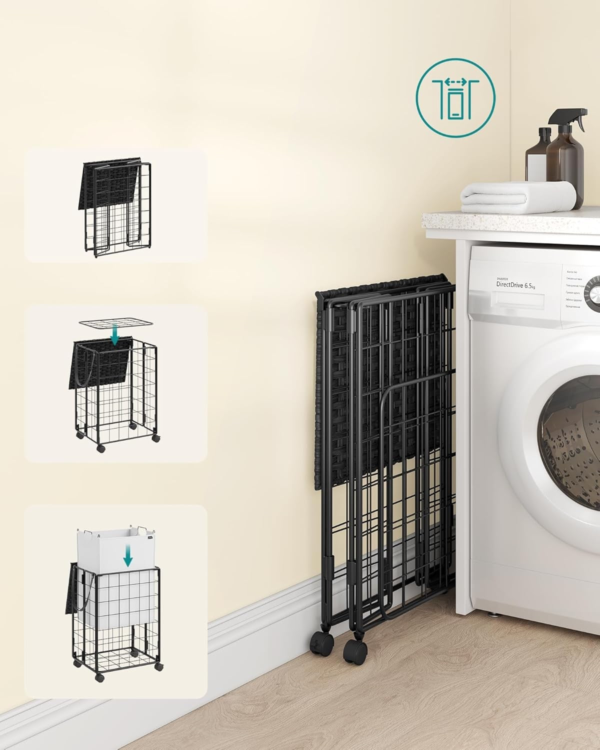 Rolling Laundry Basket with Lid & Wheels 46x33x65cm Removable Bag Trolley