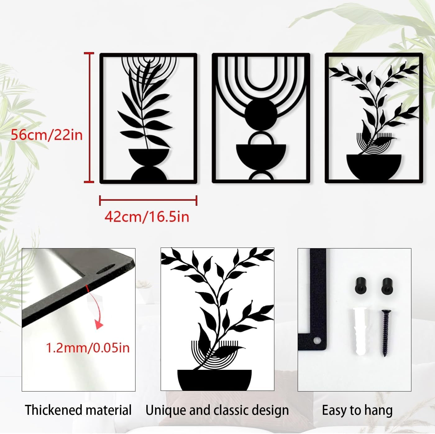 3 Panel Boho Metal Wall Art Black Geometric Wall Decor Set