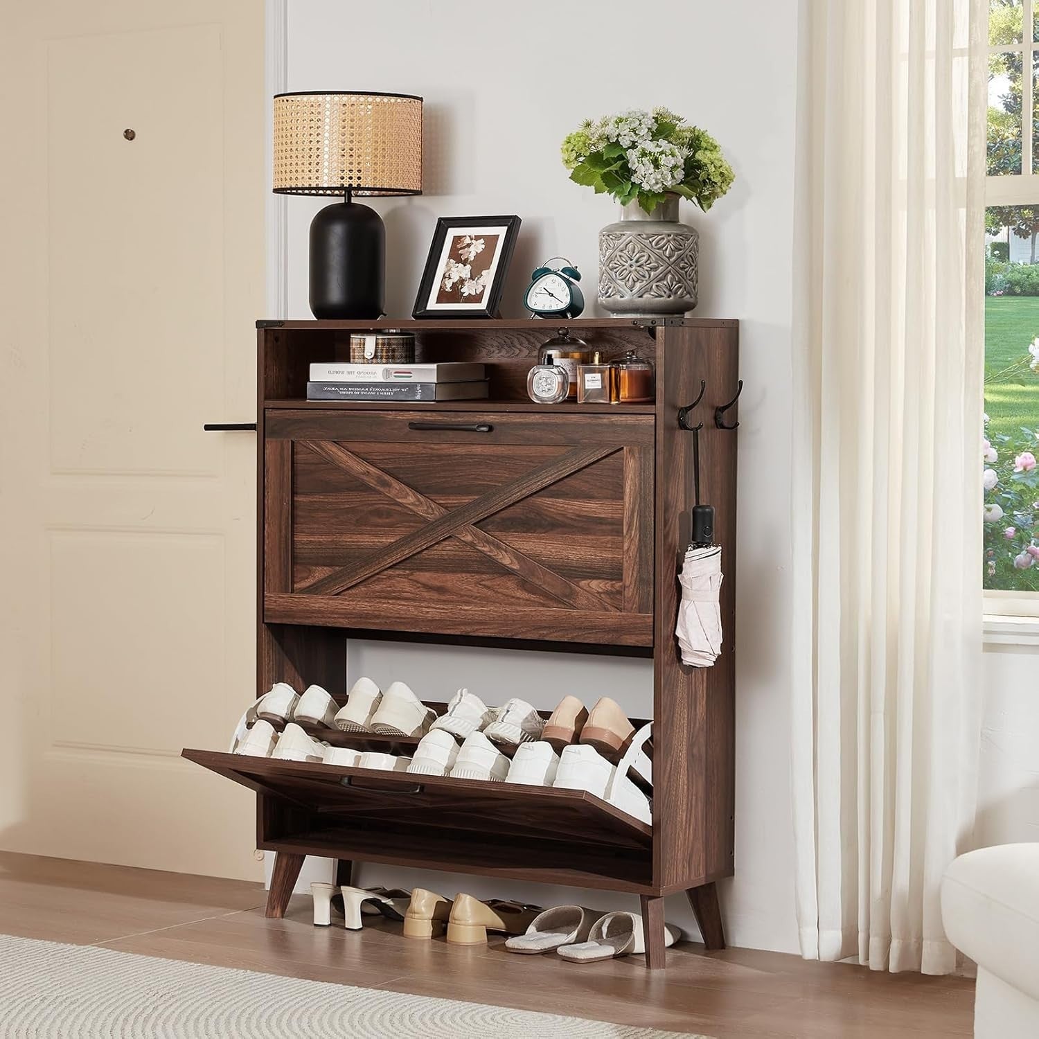 Slim Flip Drawer Shoe Cabinet with Adjustable Shelves & Anti-Tip Design