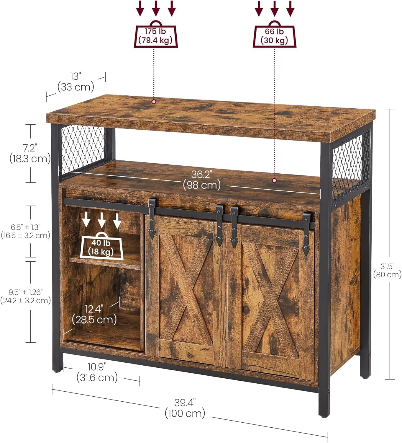 Rustic Brown Industrial Sideboard Cabinet Sliding Doors Storage Unit