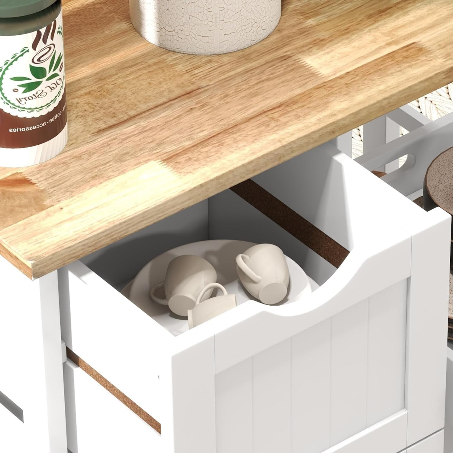 Rolling Kitchen Island Cart Storage Trolley with Drawers Shelves Wood Top