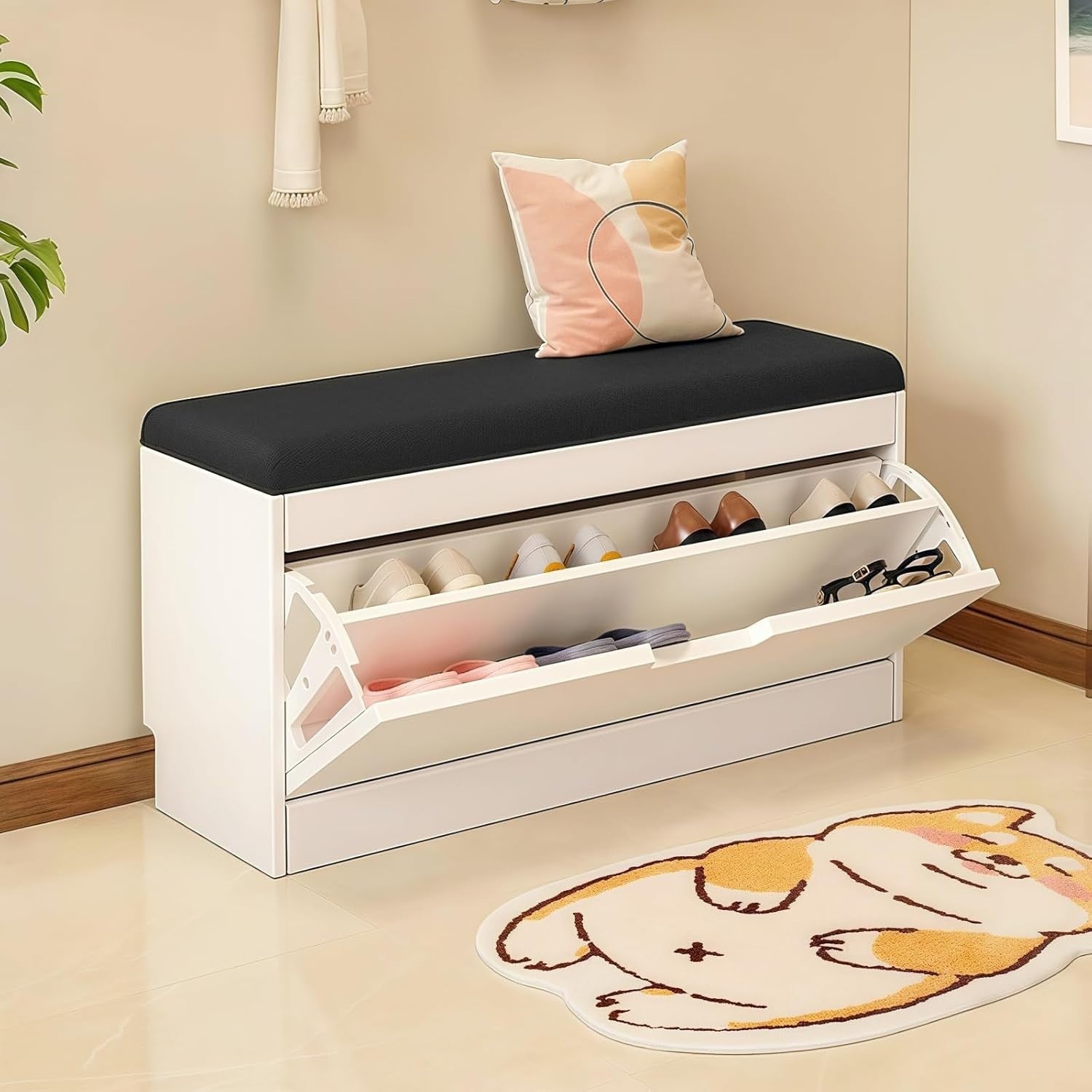 Slim Shoe Storage Bench with Flip-Drawer & Cushion Seat – Space Saving, Sturdy