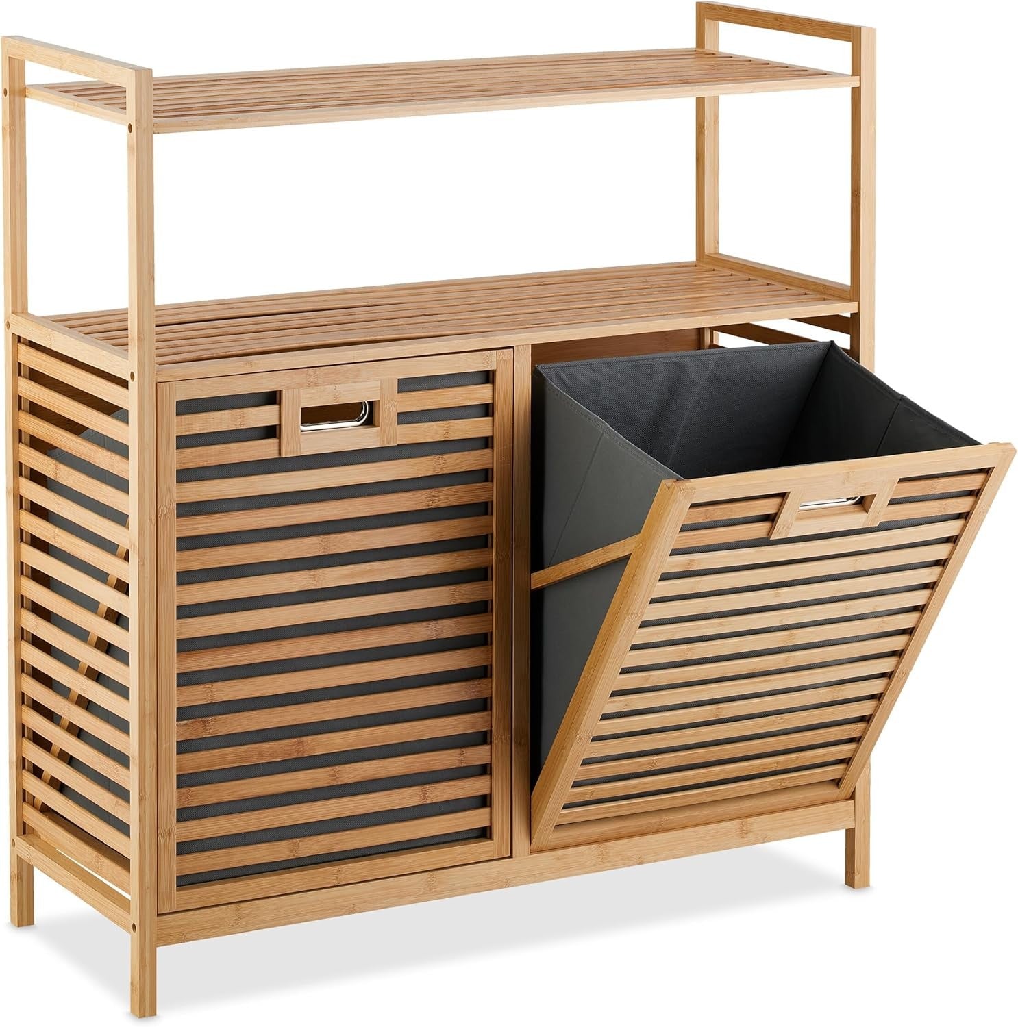 Bamboo Laundry Basket with Shelves 2 Tilt Bins 40L Bathroom Storage Unit 95x88cm