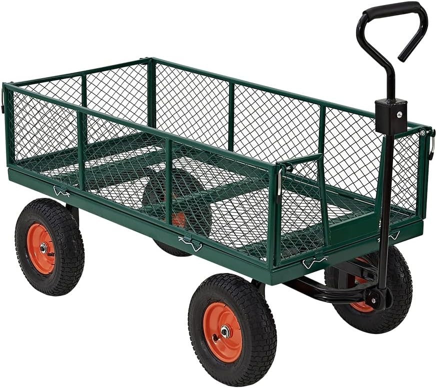700kg 4-Wheel Garden Trolley Green – Pneumatic Tyres Heavy Duty w/ Mesh Frame