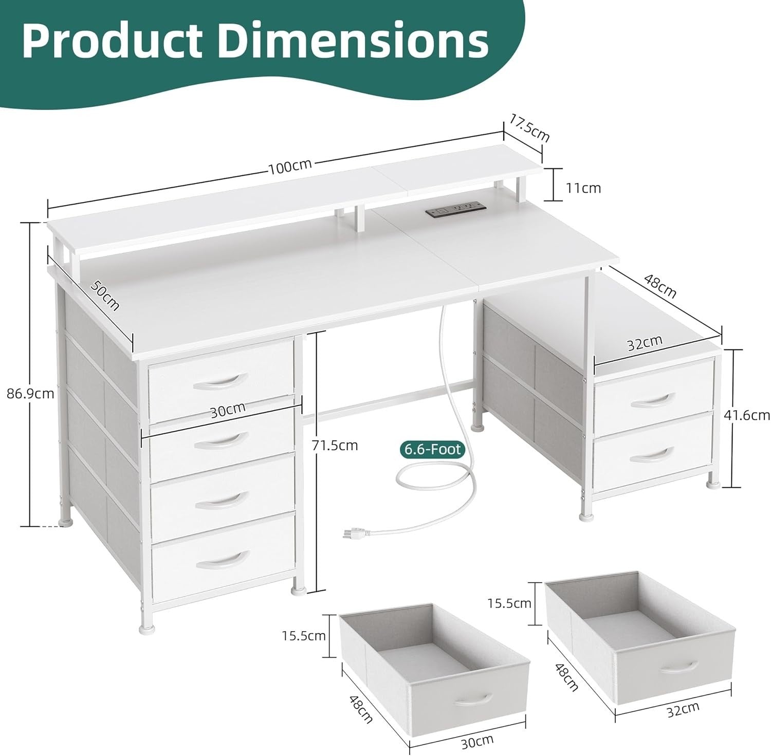 White 128cm Computer Desk with 6 Drawers, Power Outlets & Monitor Stand