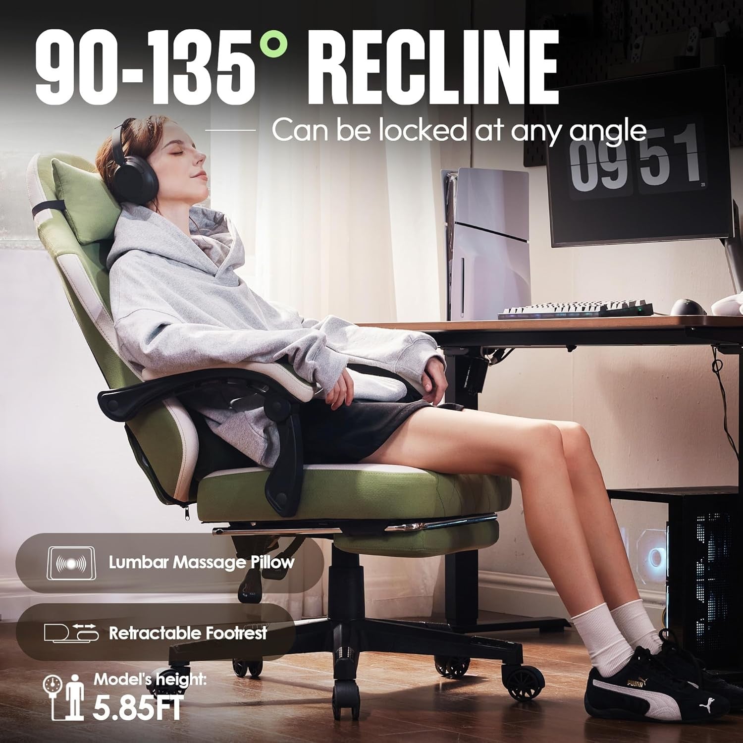 Gaming Chair w/ Footrest Massage Lumbar Pocket Spring Green