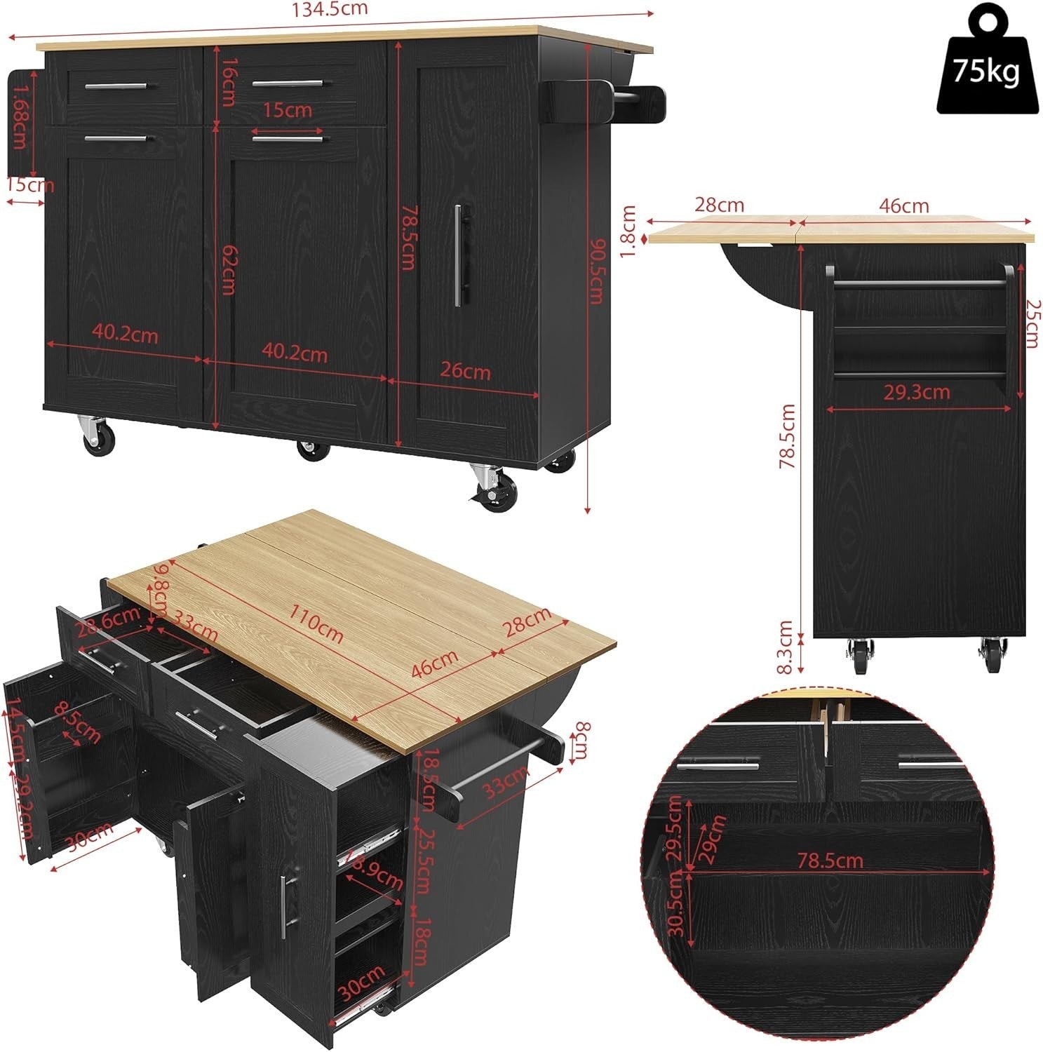 Rolling Kitchen Island Trolley with Drawers, Drop Leaf, Shelves & Wheels