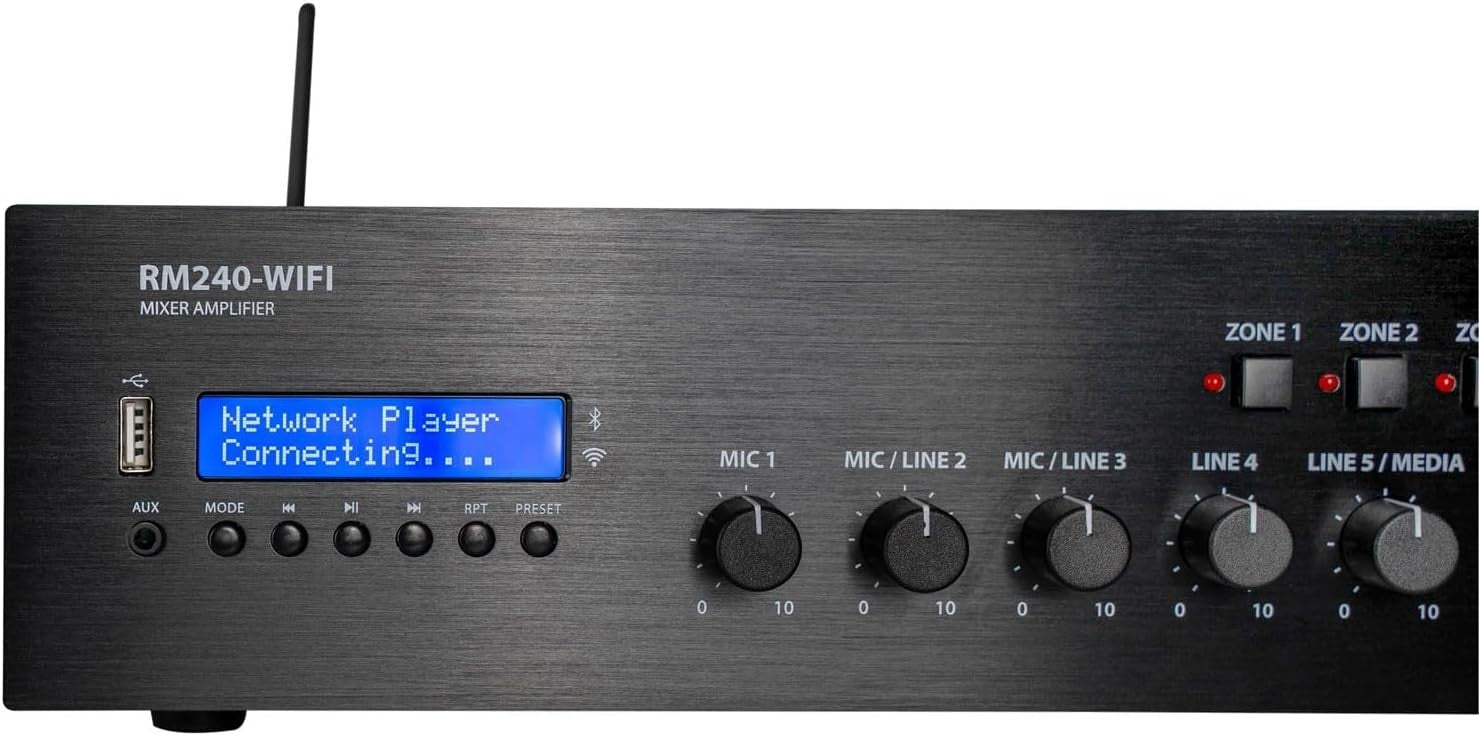 RM-Series 100V Mixer Amplifier 240W WiFi Bluetooth 5-Channel Rack Mount