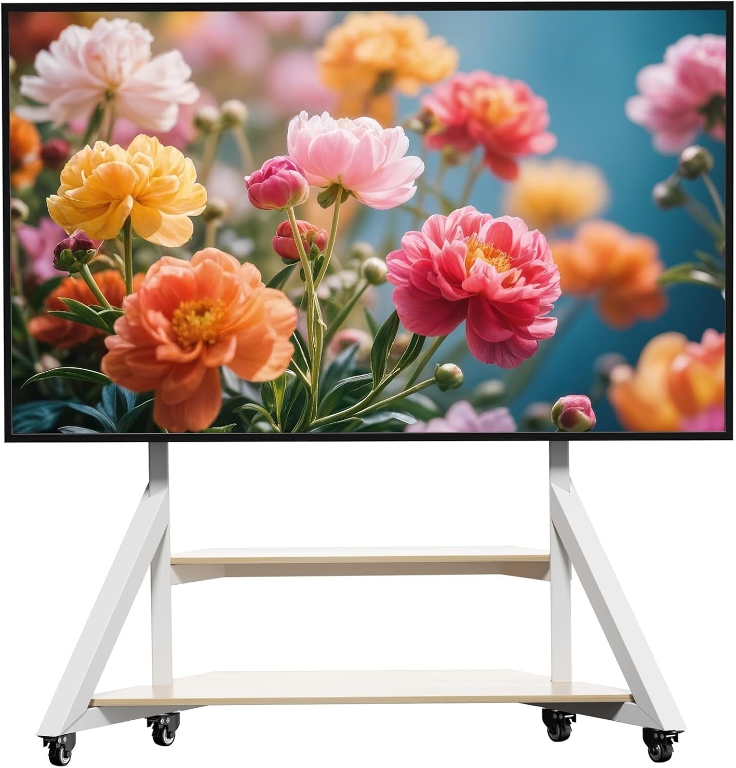 Mobile TV Stand 65-100" with Lockable Wheels, Adjustable Height & 2 Shelves