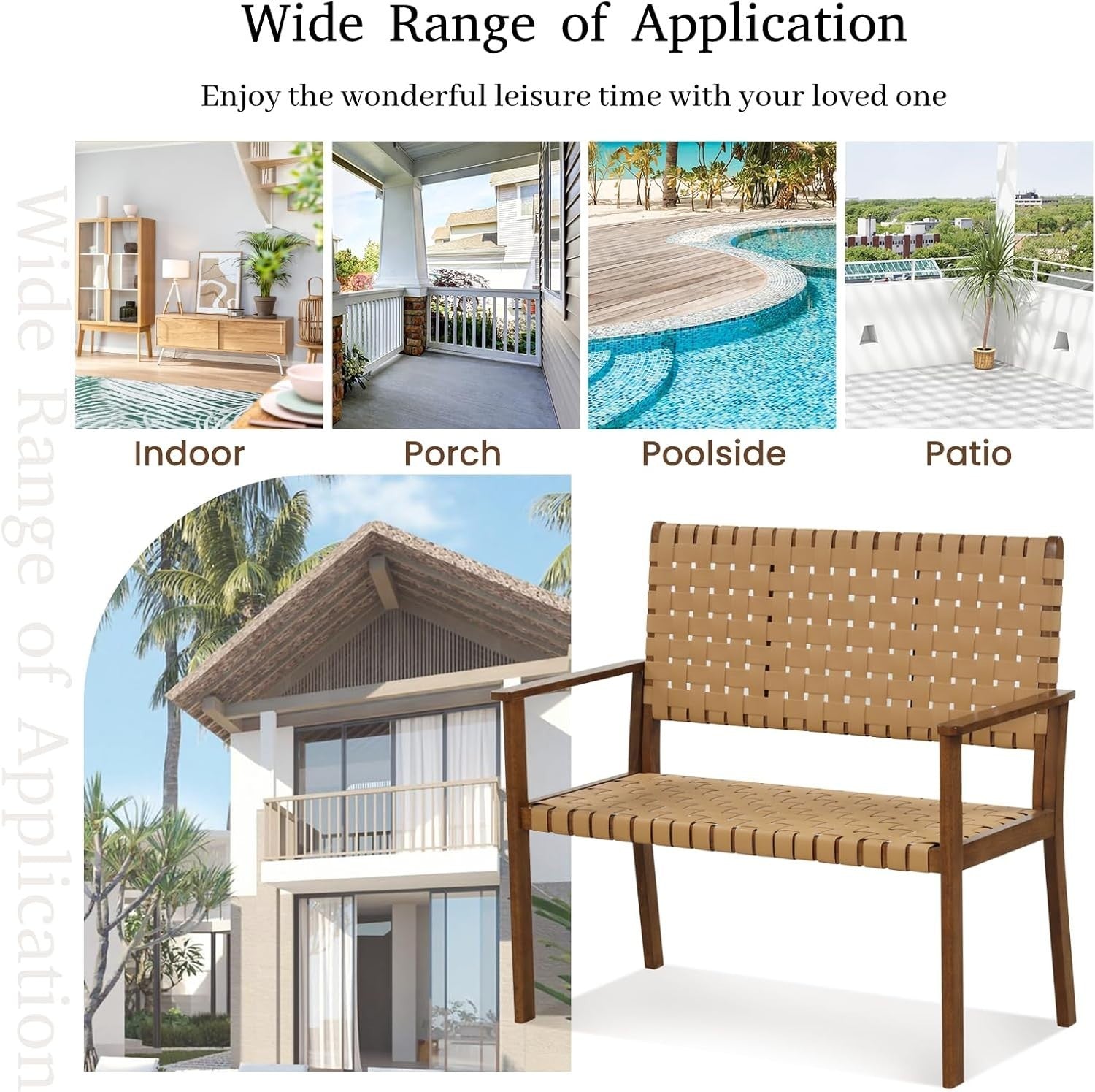 2 Seater Outdoor Rattan Garden Bench with Wood Frame Patio Balcony Seat