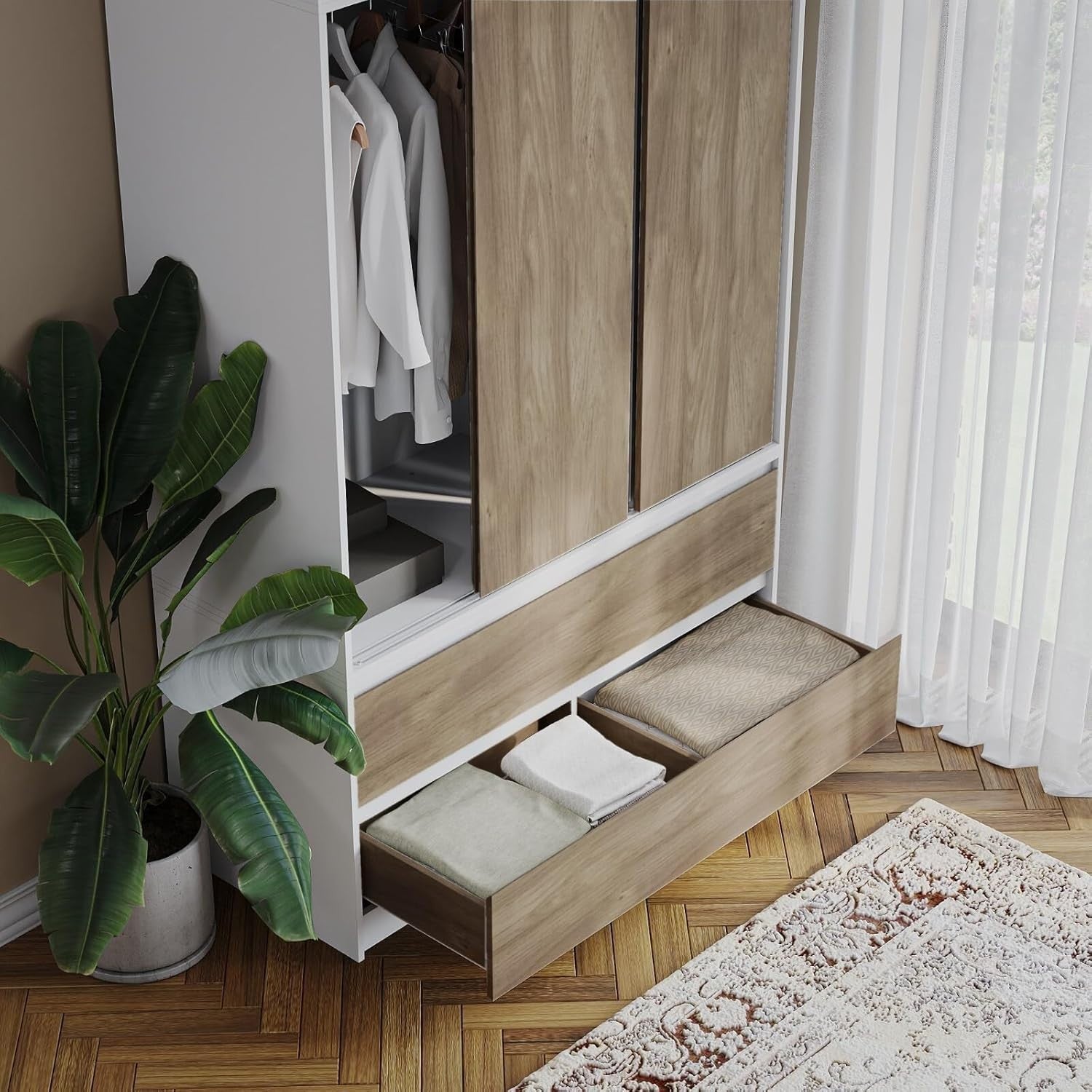 Oak Door Sliding Wardrobe 240cm 6 Doors 4 Drawers Spacious Bedroom Closet