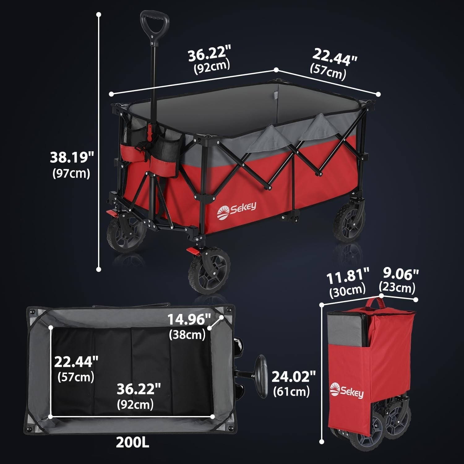 Red Heavy Duty 200L Folding Festival Trolley All-Terrain Wagon 150kg Capacity