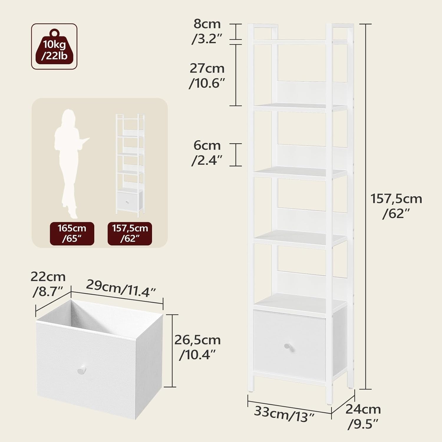 6 Tier Slim Bookshelf with Drawer Metal Frame Storage Rack for Small Spaces
