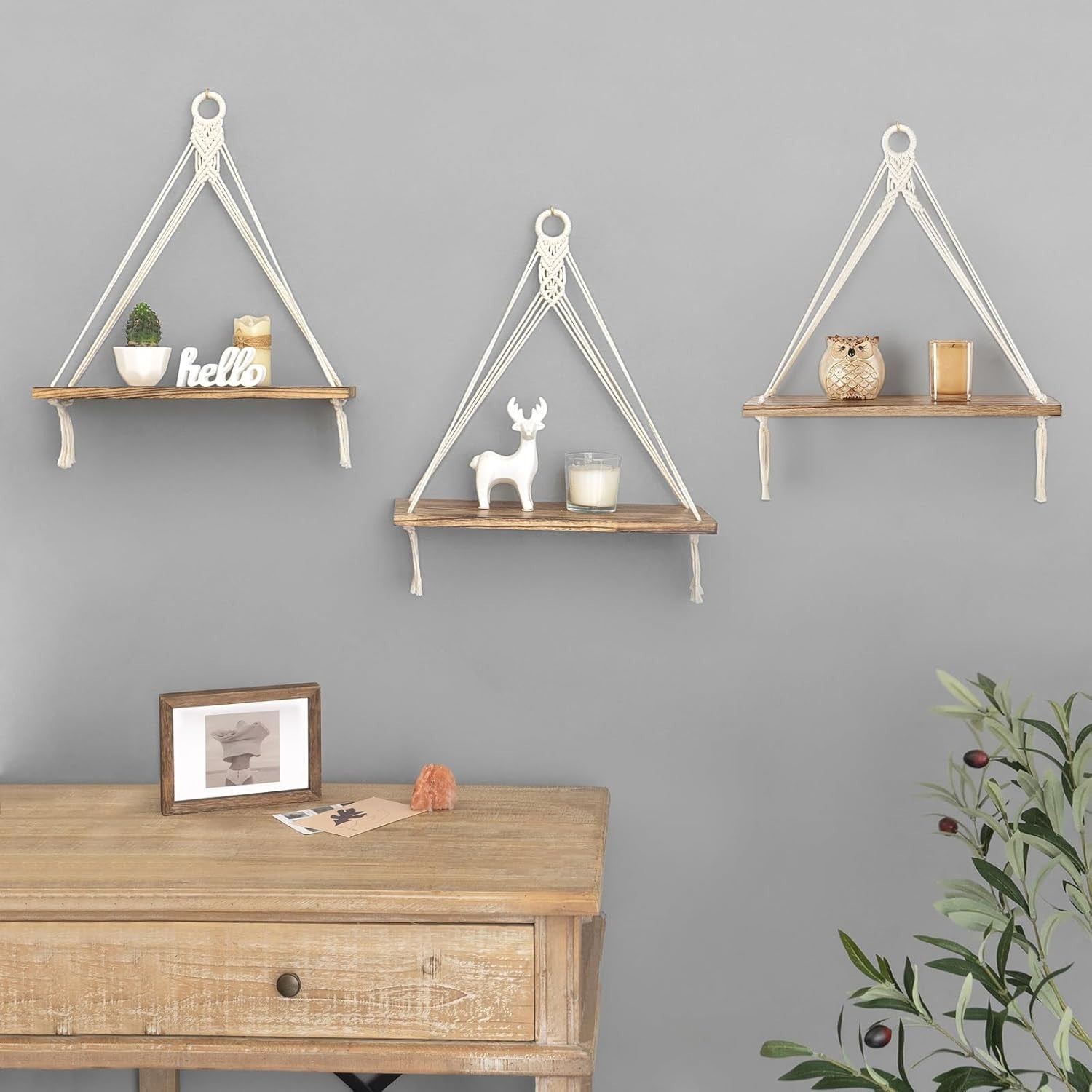 Boho Triangular Hanging Shelves Set of 3 Wood Floating Wall Decor
