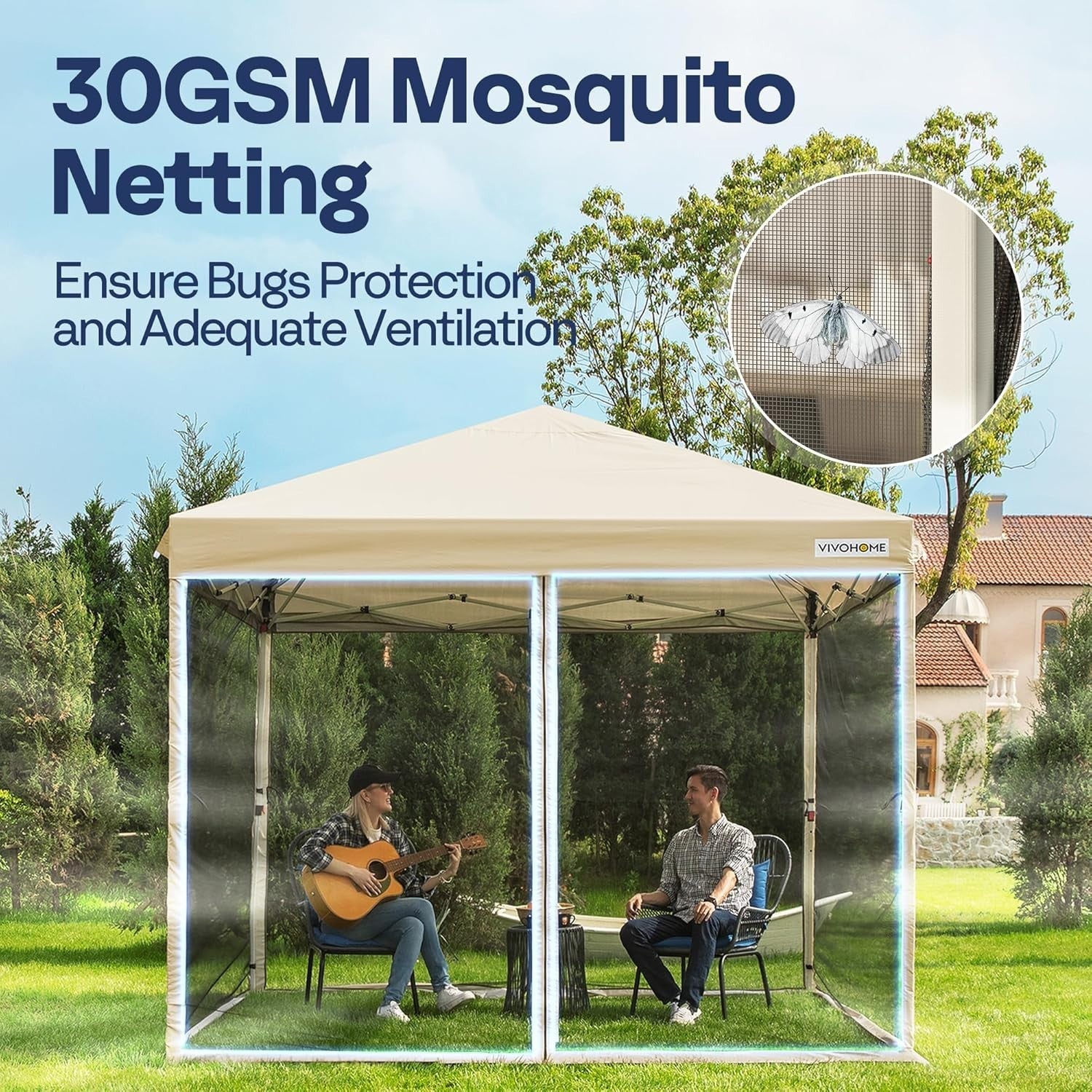 2.4x2.4M Beige Pop Up Gazebo With Mosquito Net Waterproof Outdoor Party Tent