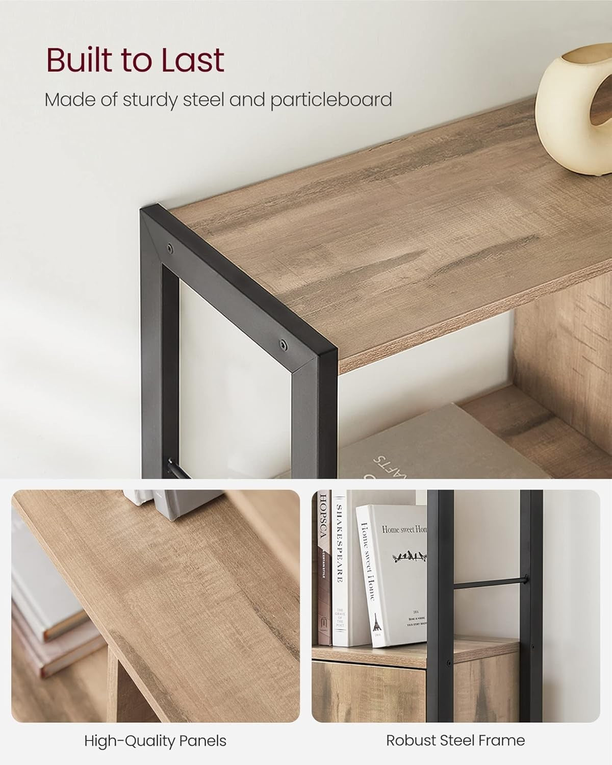 Industrial 4 Tier Bookcase with Doors Steel Frame Storage Shelf 154cm Oak