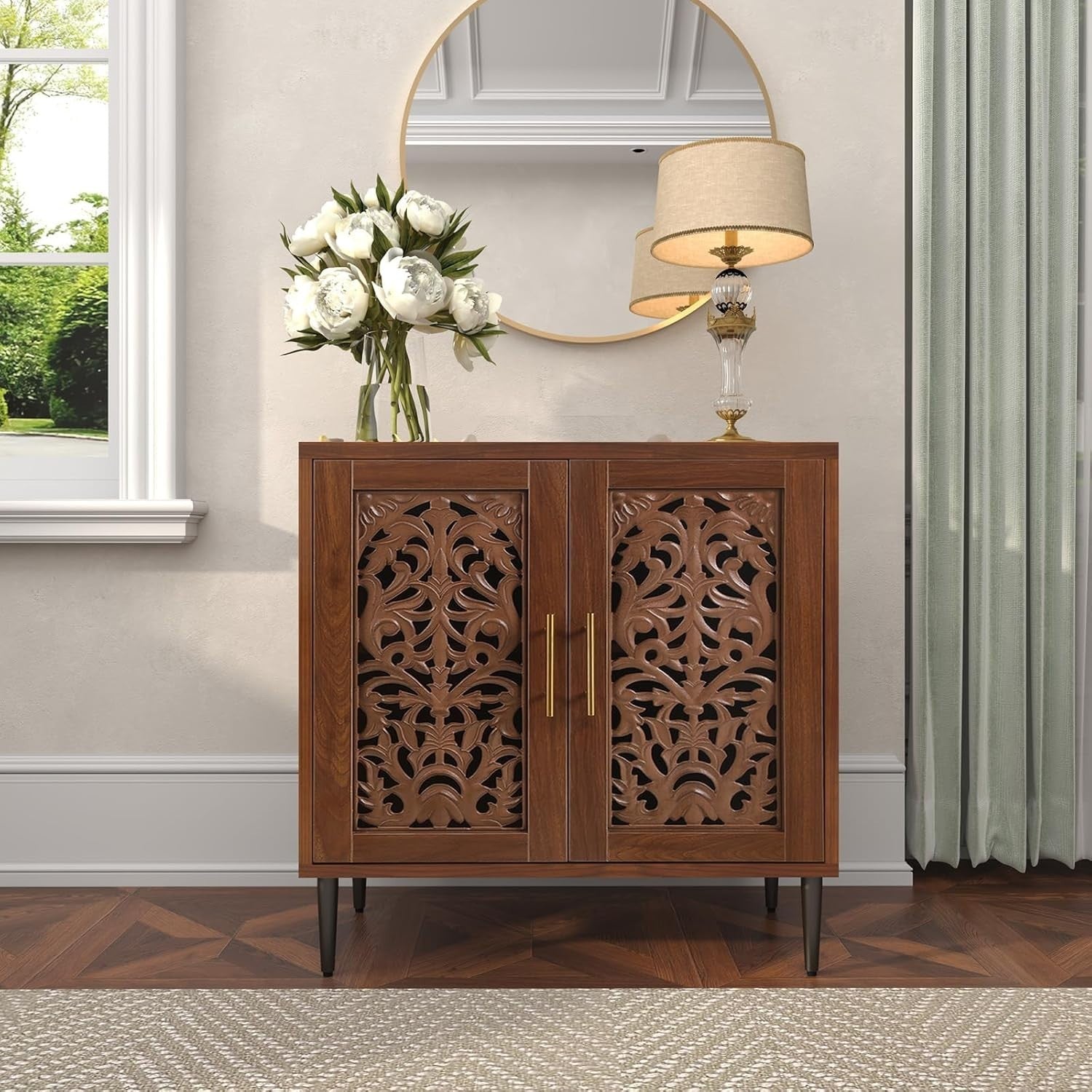 Brown Vintage Sideboard Cabinet 2 Door Carved Storage Unit Hallway Accent