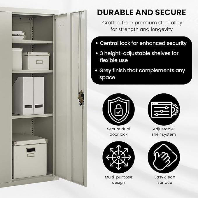 Tall Metal Storage Cabinet with Lockable Doors & Adjustable Shelves
