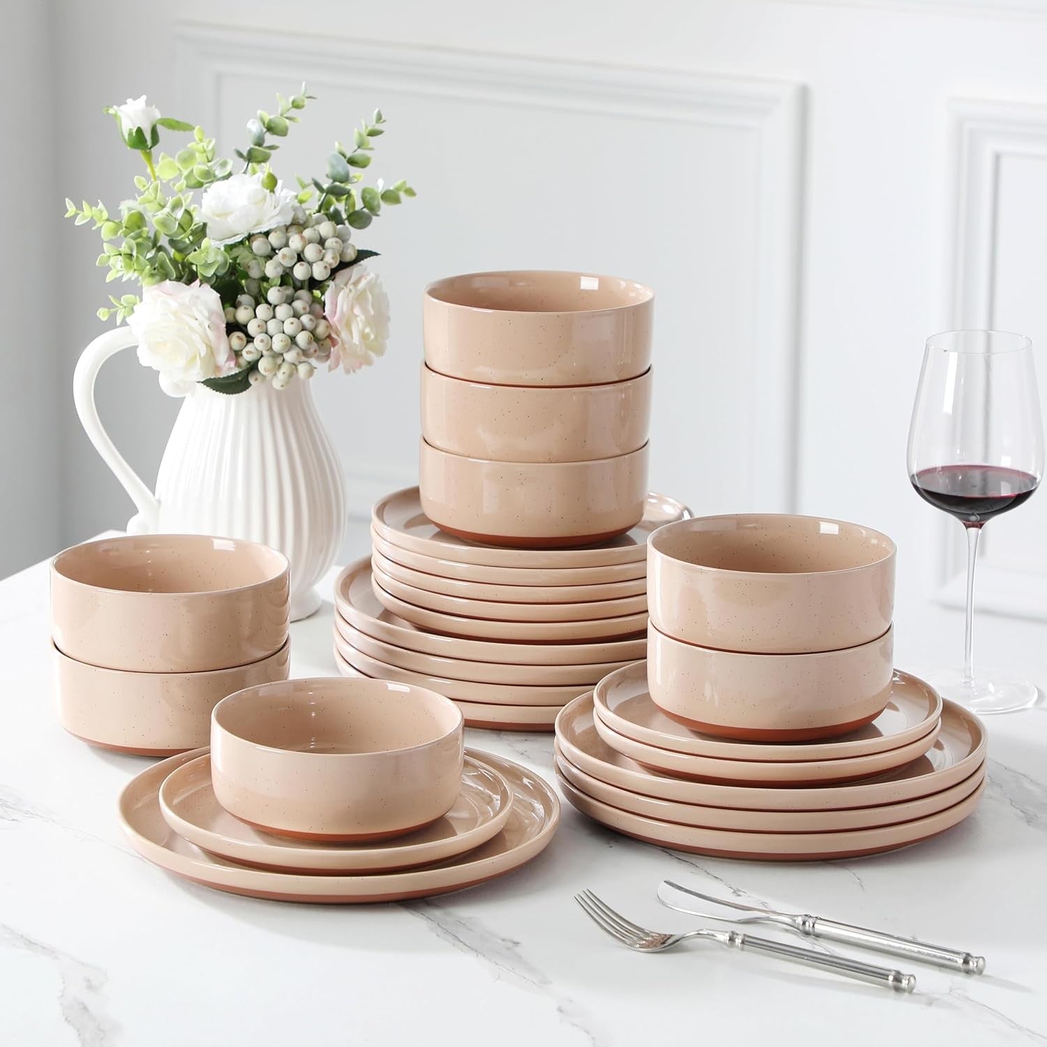 24 Piece Dinner Set 8 Stoneware Plates Bowls Microwave Dishwasher Safe