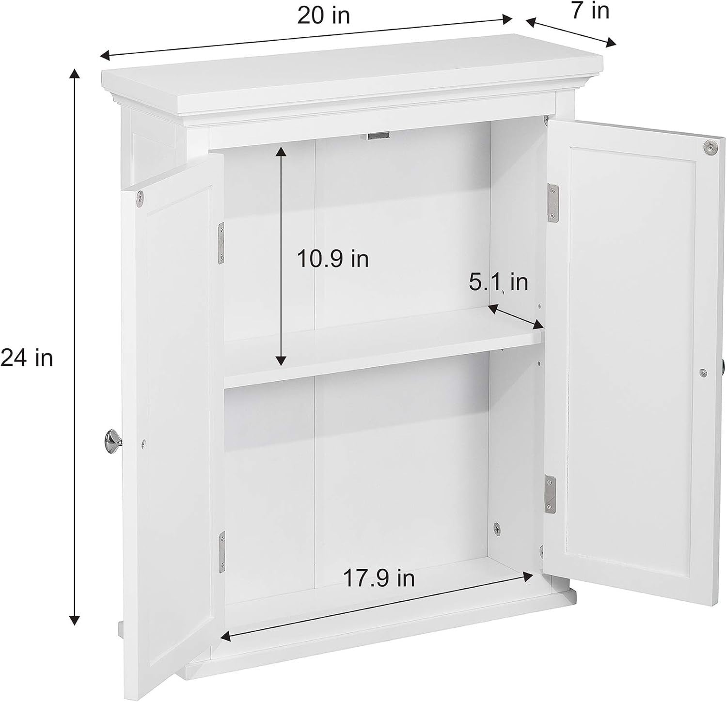 Wall-Mounted Bathroom Cabinet with Removable Shelf & Double Doors, White