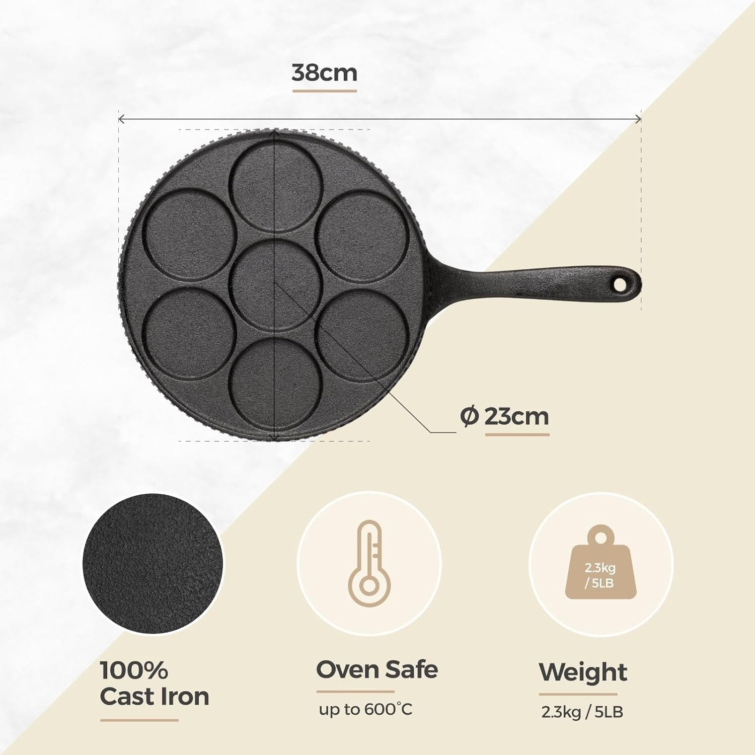 Mini Pancake Pan Cast Iron 7-Hole Non-Stick Crepe Pan Induction Safe 23cm