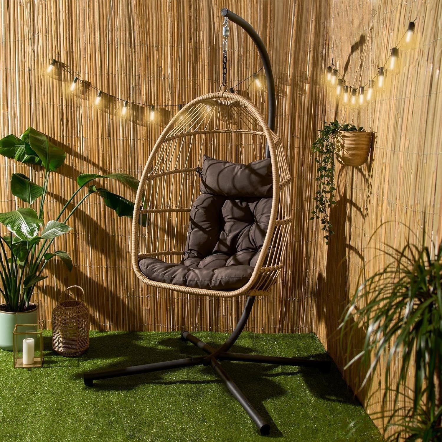 Rattan Hanging Egg Chair with Stand | Outdoor Swing Seat with Cushion