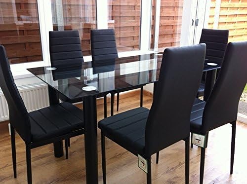Modern Black Glass Dining Table + 6 Faux Leather Chairs 140x80x75cm
