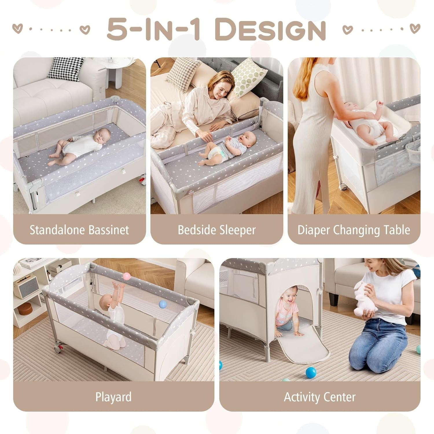 5in1 Baby Travel Cot Foldable Crib with Mattress Basket Changer & Storage Beige