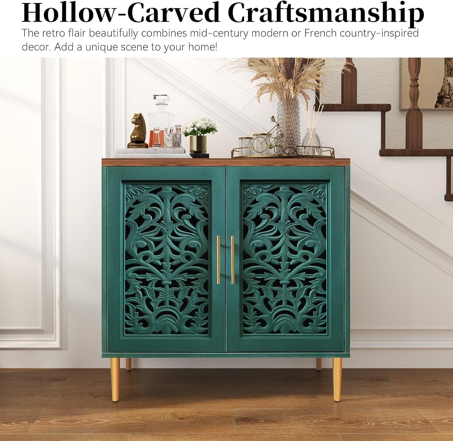 Green Vintage Sideboard Cabinet 2 Door Carved Storage Unit Hallway Accent