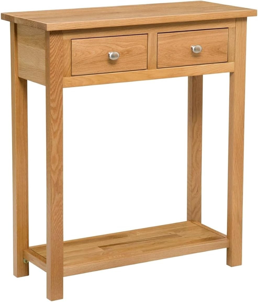 Solid Oak Console Table with 2 Drawers & Lower Shelf Slim Design