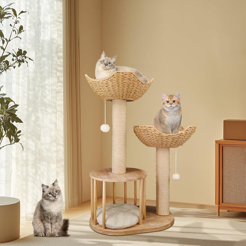 Wooden Cat Tree Tower 3 Tier Plush Condo Sisal Scratch Post Indoor Climber