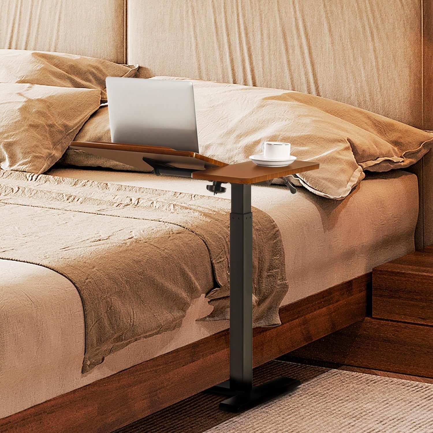 Walnut Overbed Laptop Table Adjustable Height Tilting Top Rolling Stand