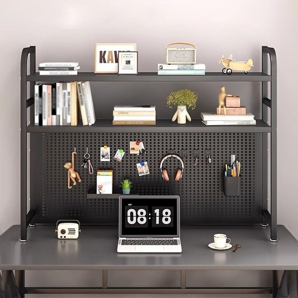 2-Tier Desktop Bookshelf Monitor Stand w/ Punchboard | Metal Organizer 55cm