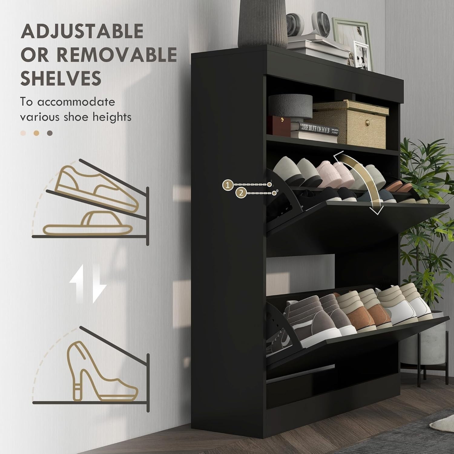 Modern Narrow Shoe Cabinet 12-16 Pair Storage with Flip Drawers & Shelf