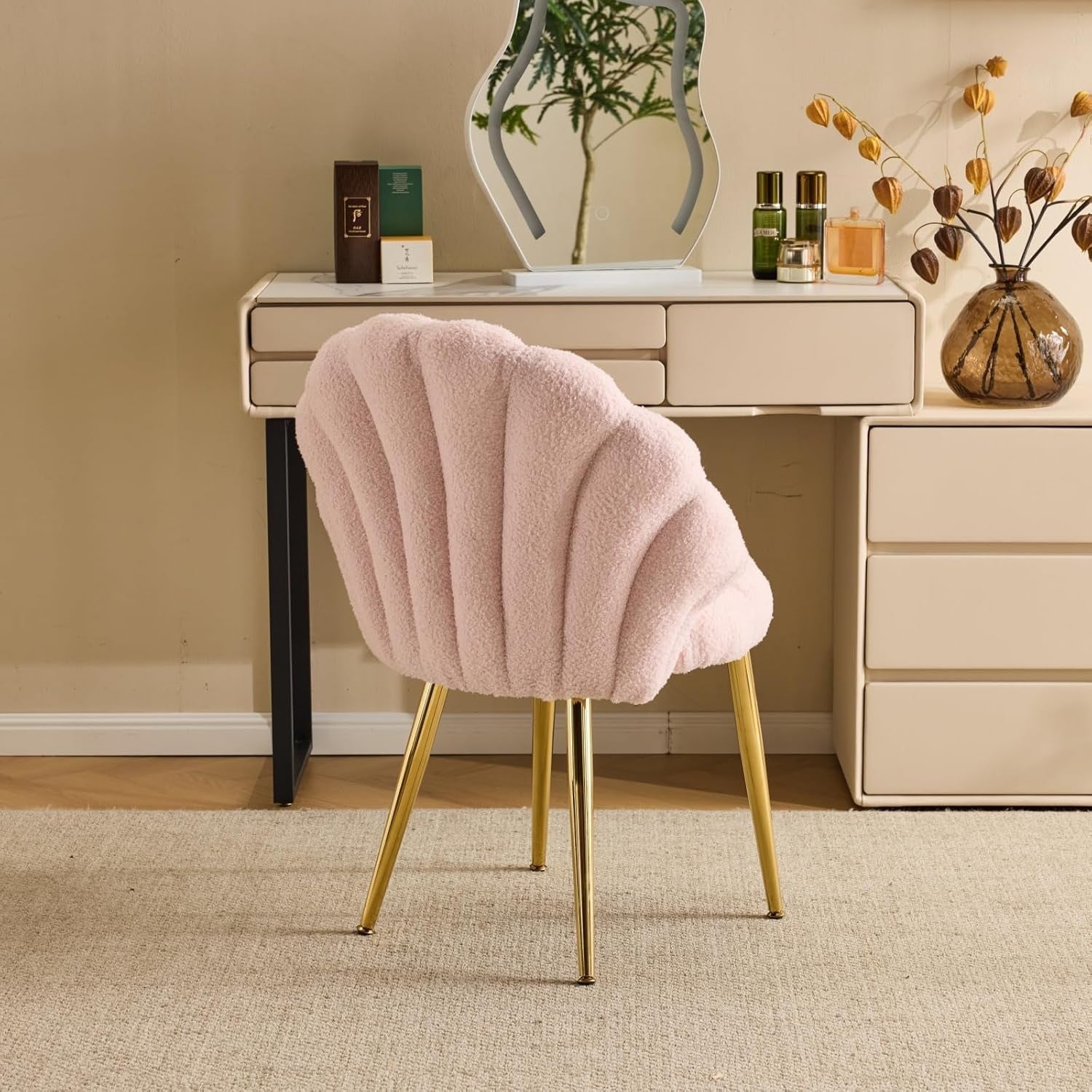 Pink Teddy Accent Chair Gold Legs Vanity Dressing Table Armchair