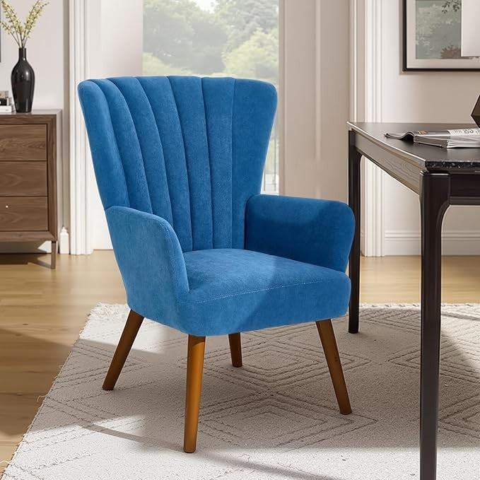 Velvet Wingback Armchair Tub Accent Chair Solid Wood Legs Blue