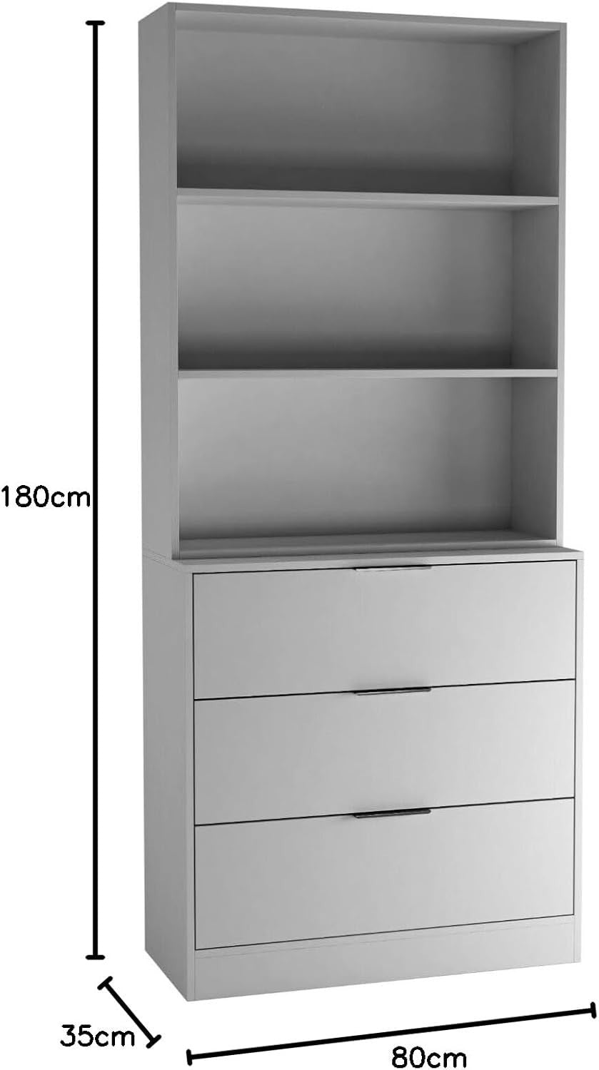 80cm Grey Wooden Storage Chest Cabinet & 3 Drawer Bookcase Shelving